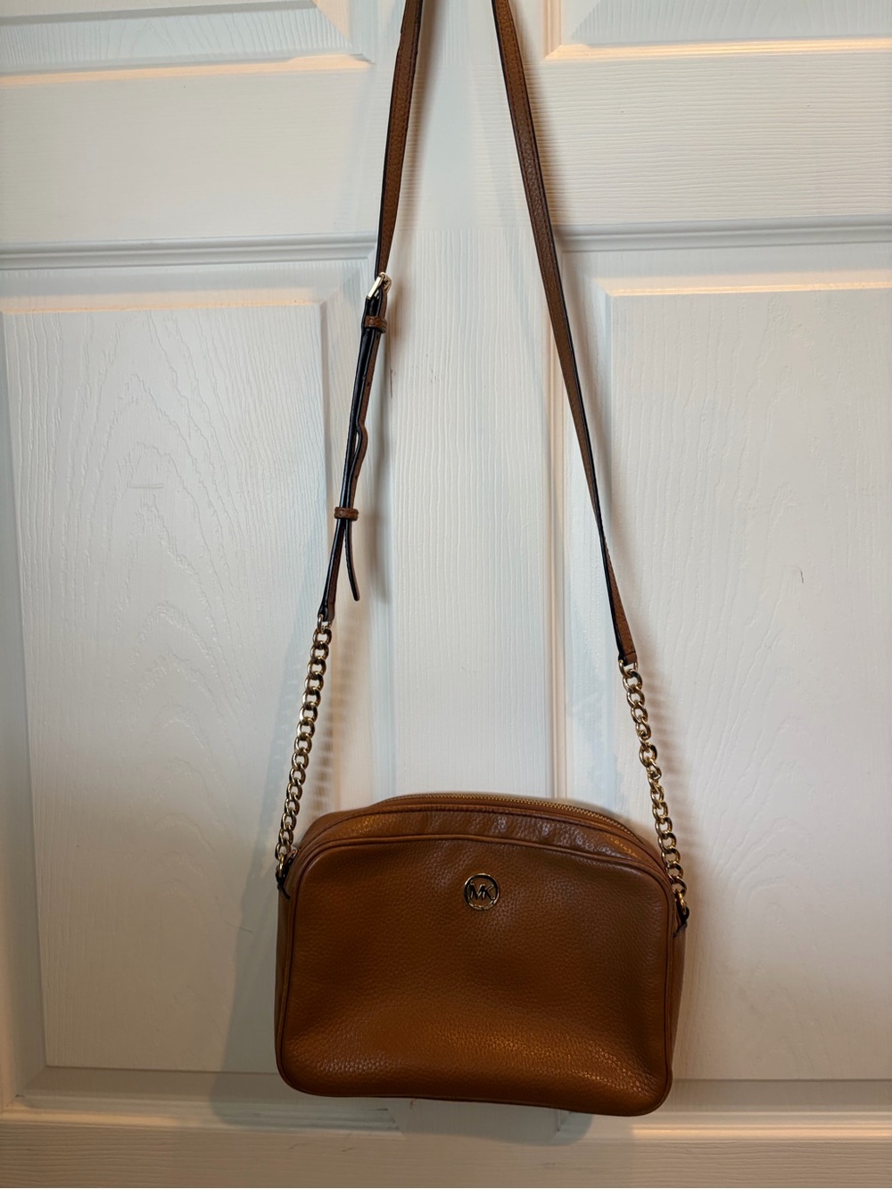 Michael Kors Tan Pebbled Leather Crossbody with Gold Chain